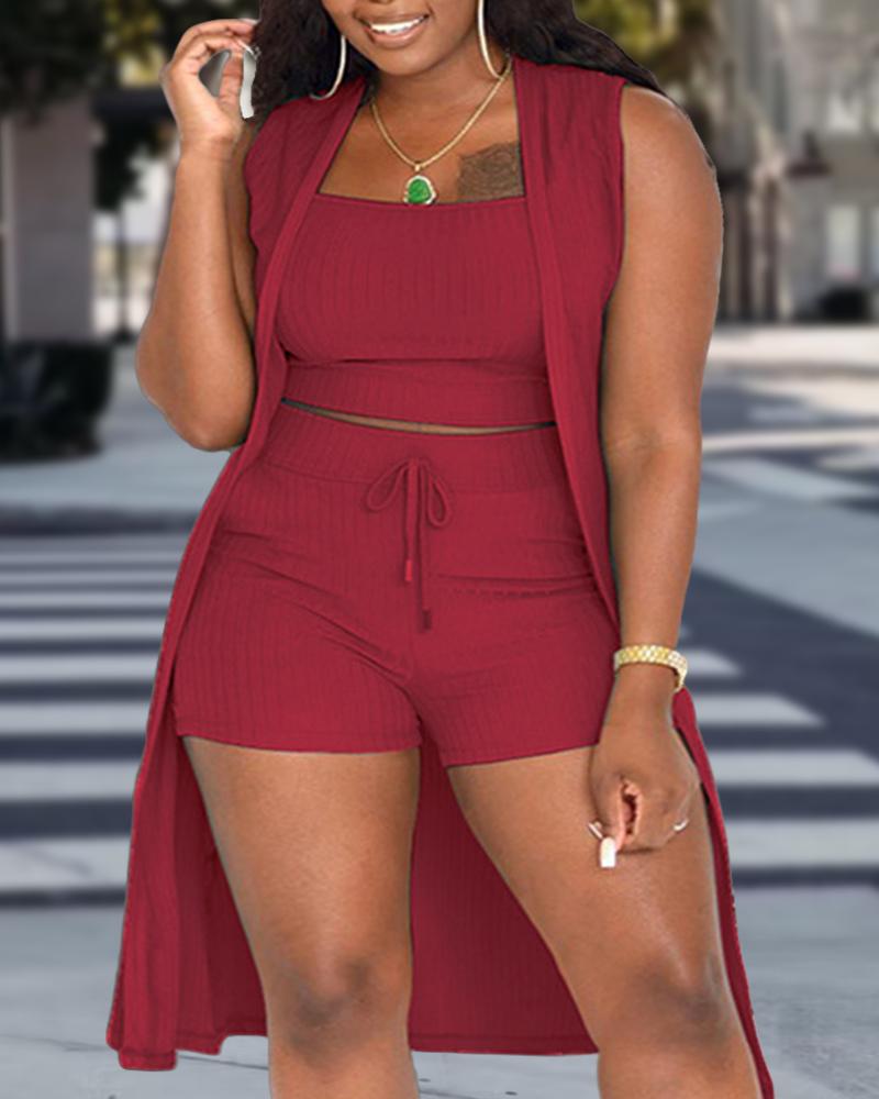 

Plus Size 3PCS Ribbed Crop Tank Top & Shorts Set With Vest Coat, Wine red