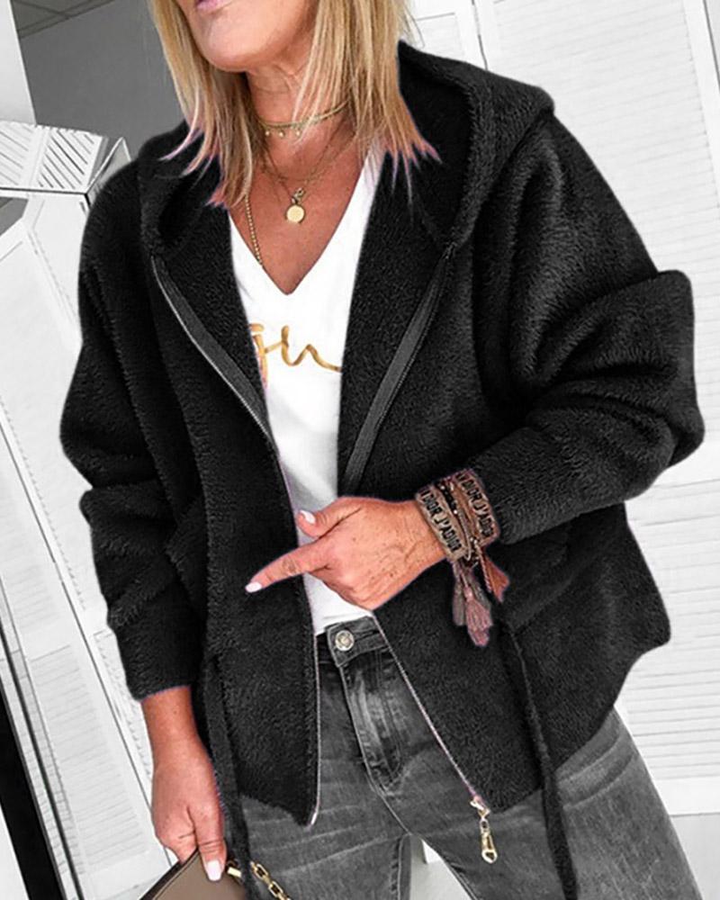 

Solid Zipper Design Hooded Casual Coat, Black
