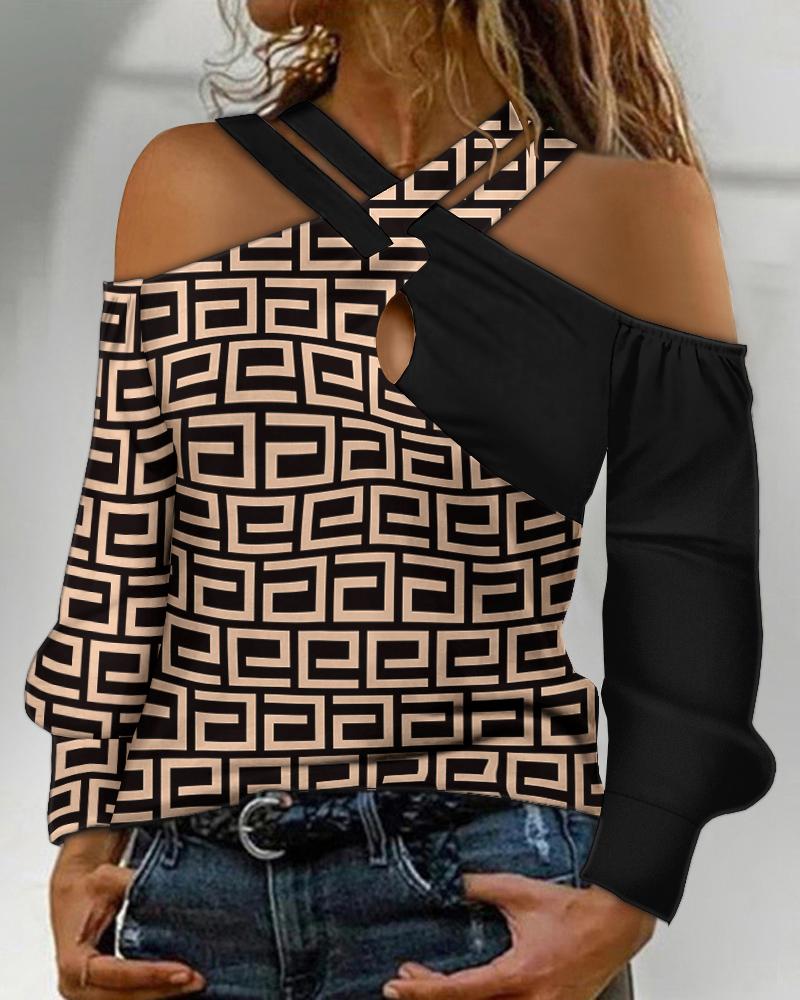 

Geometric Print Crisscross Cold Shoulder Top, Black