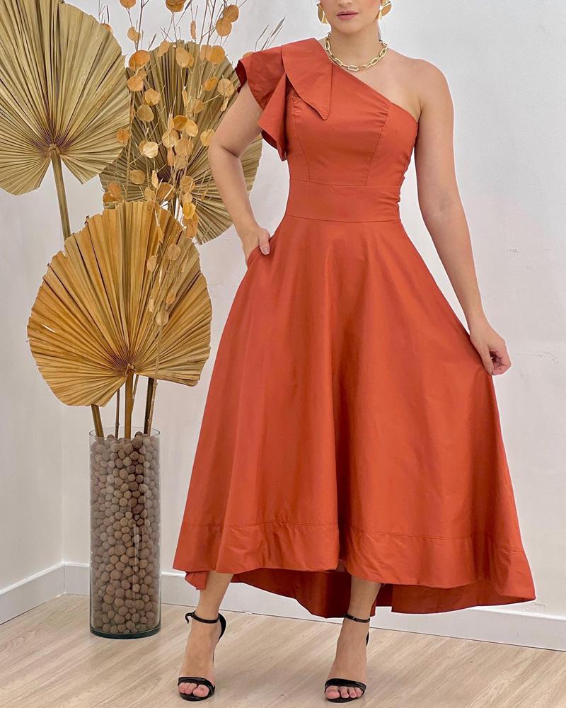 

One Shoulder Ruffle Hem Evening Dress, Orange