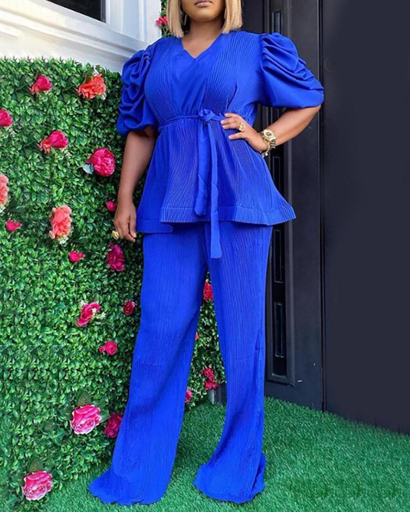 

Plus Size Puffed Sleeve Ruffles Hem Top & Pants Set, Blue