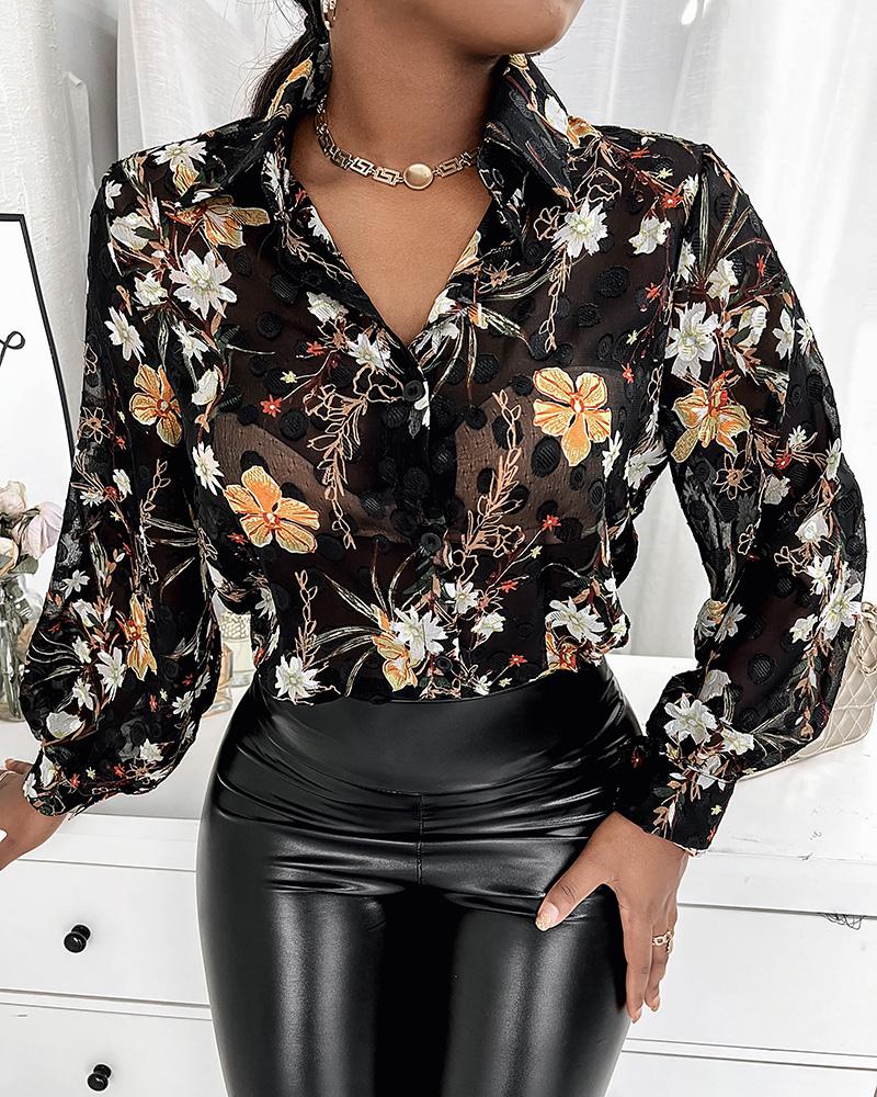 

Polka Dot & Floral Print Lantern Sleeve Top, Black