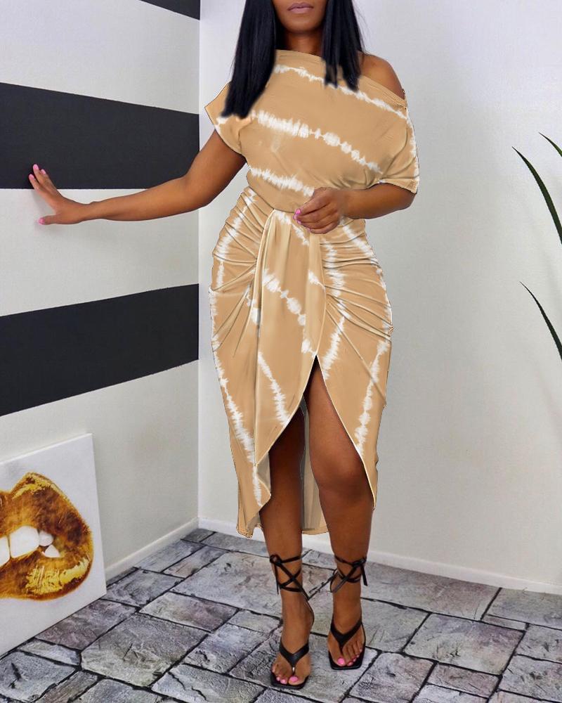 

Tie Dye Print Ruched Slit Casual Dress, Khaki