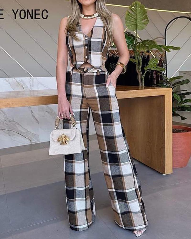 

Plaid Print Keyhole Neck Asymmetrical Crop Top & Pants Set, Brown