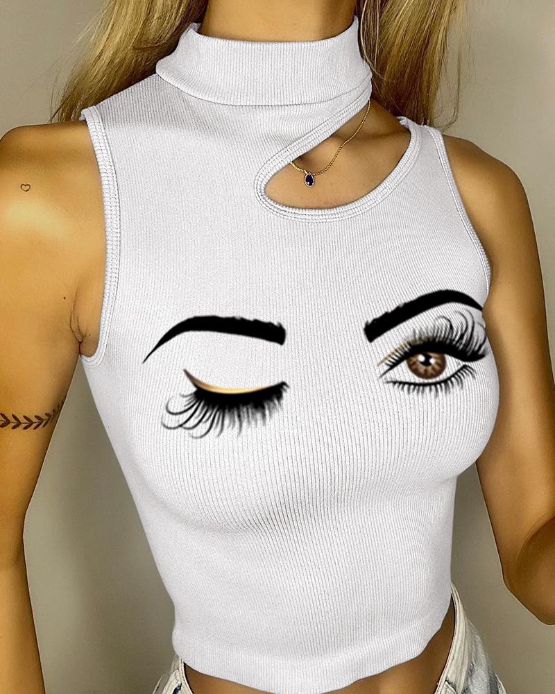 

Eyes Print Cutout Tank Top, White