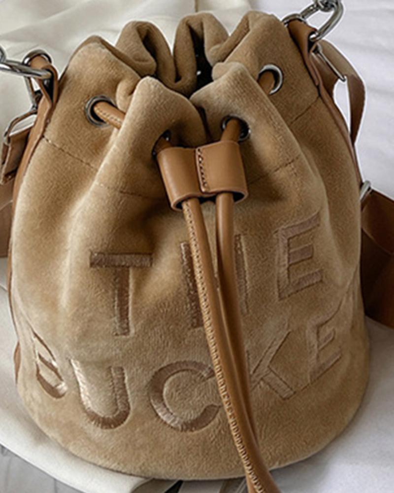 

Velvet Letter Pattern Drawstring Bucket Bag, Khaki