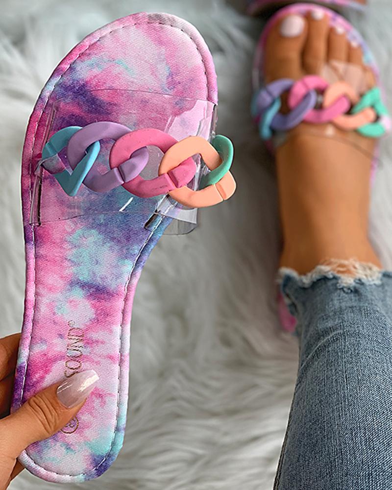 

Chain Decor Transparent Strap Open Toe Flat Slippers, Multicolor