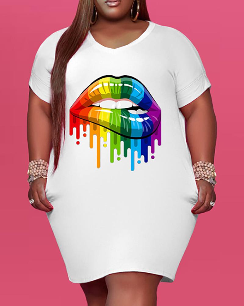 

Lip Print Short Sleeve T-shirt Dress, White