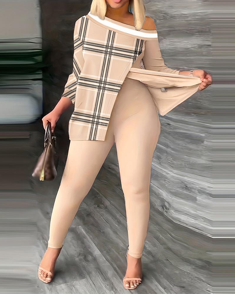 

Plus Size Plaid Print Split Hem Top & Pants Set, Khaki