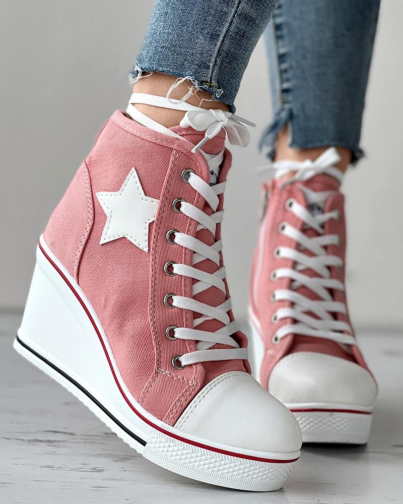 

Eyelet Lace-up Zipper Star Print Wedge Canvas Shoes, Pink