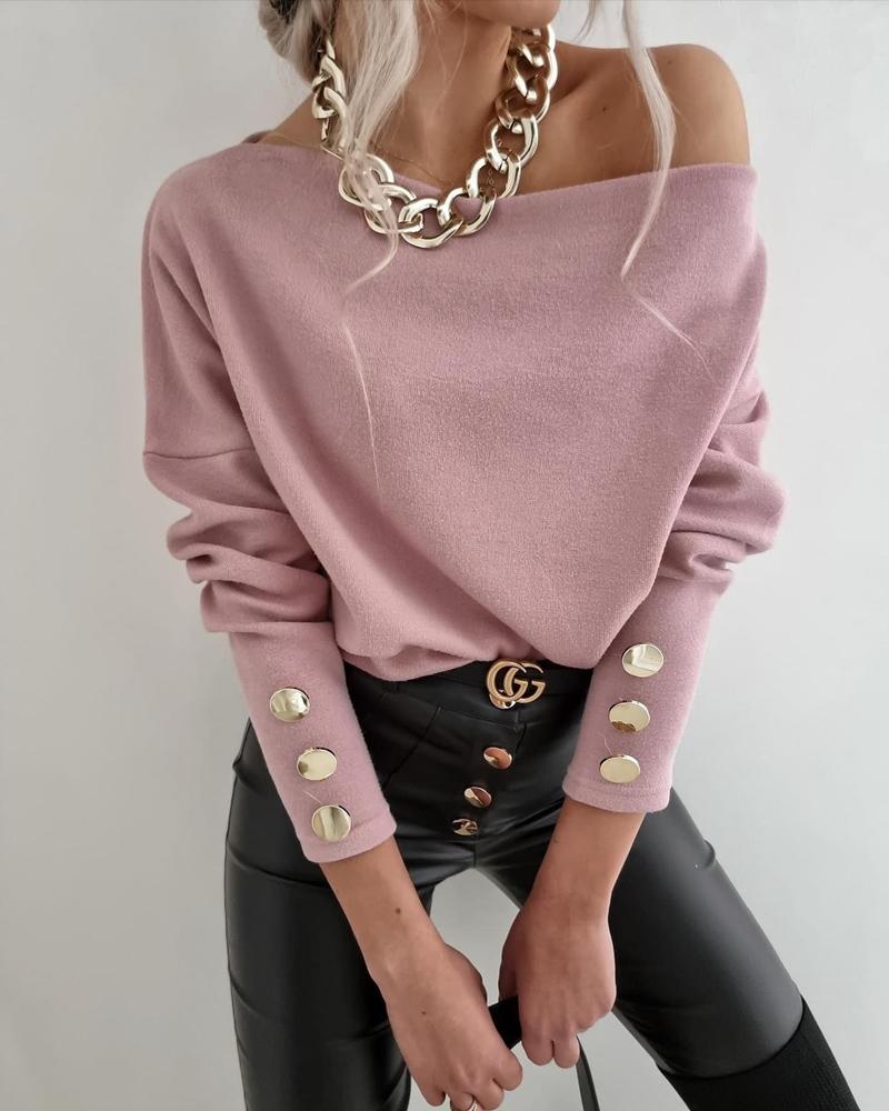 

Button Decor Long Sleeve Top, Light pink