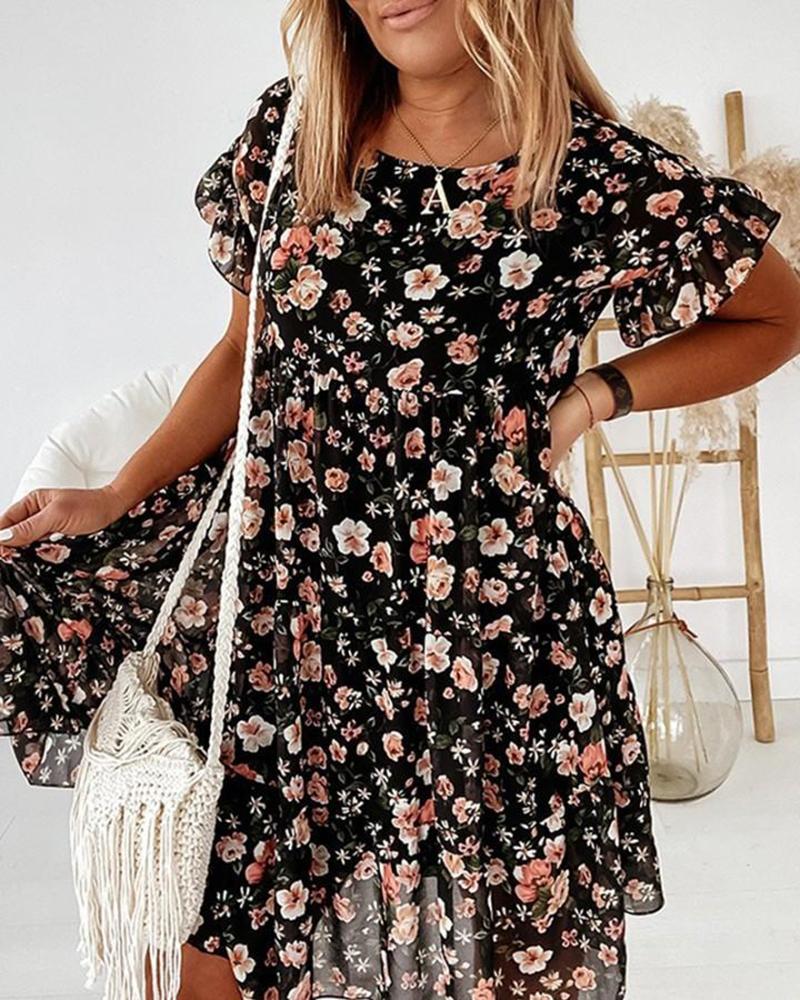 

Floral Print Ruffles Trim Casual Dress, Black