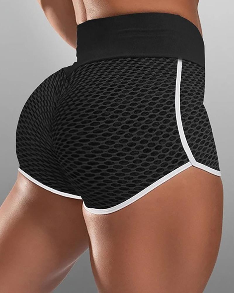 High Waist Contrast Binding Textured Yoga Shorts