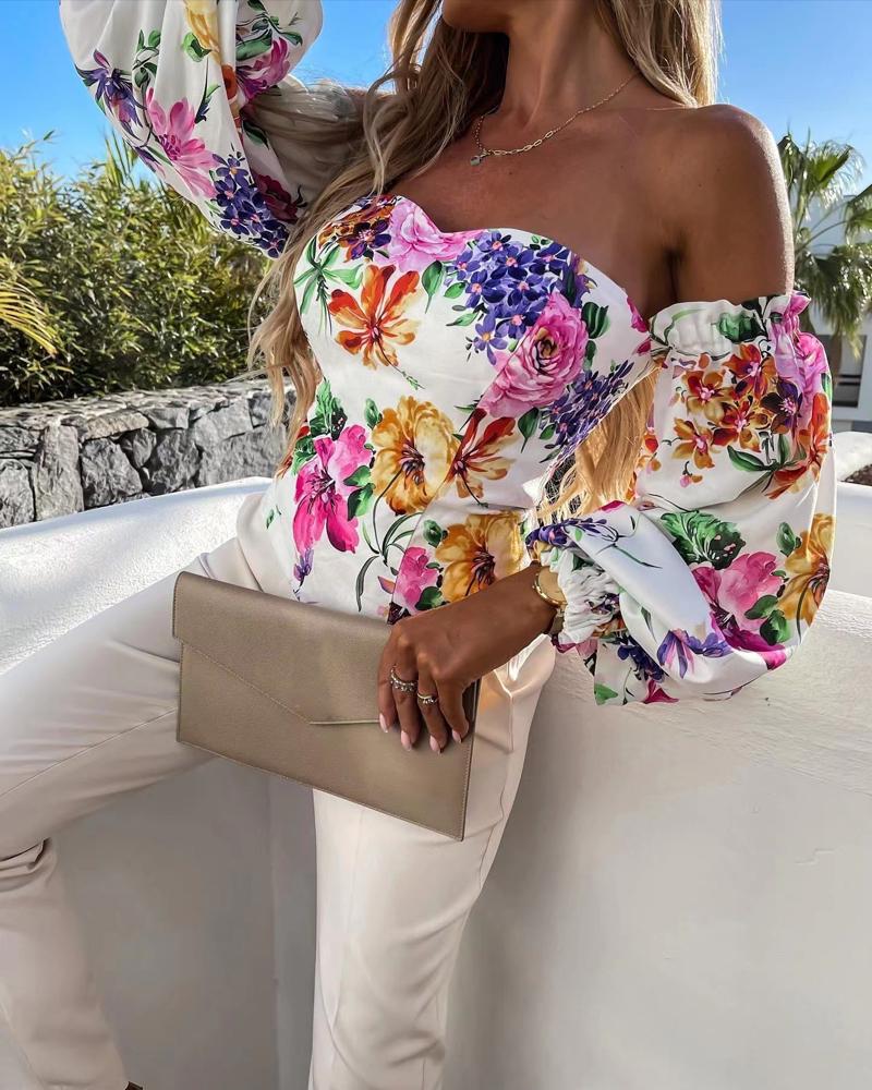 

Off Shoulder Frill Hem Floral Print Top, White