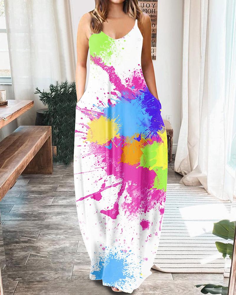 

Tie Dye Print Pocket Decor Casual Maxi Dress, White