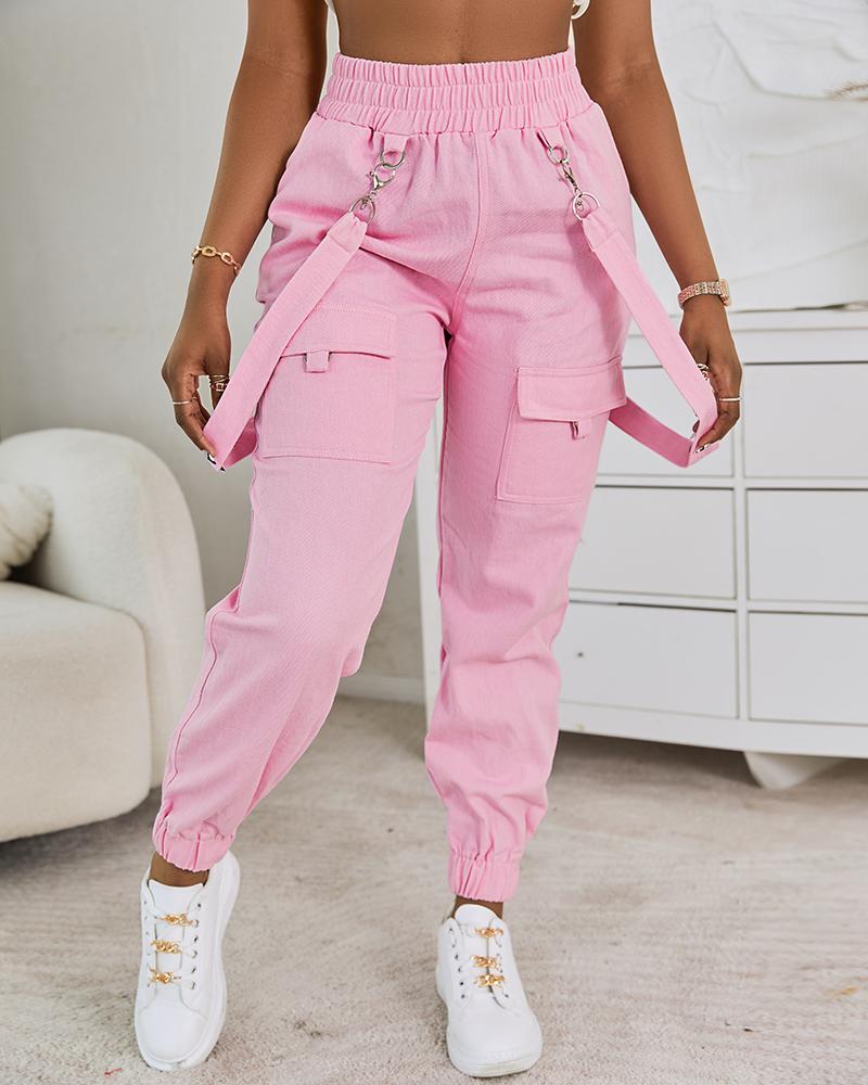 

Pocket Design Cuffed Suspender Pants, Pink