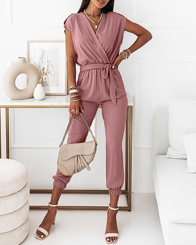 

Tied Detail Ruched Short Sleeve Casual Jumpsuit, Pink