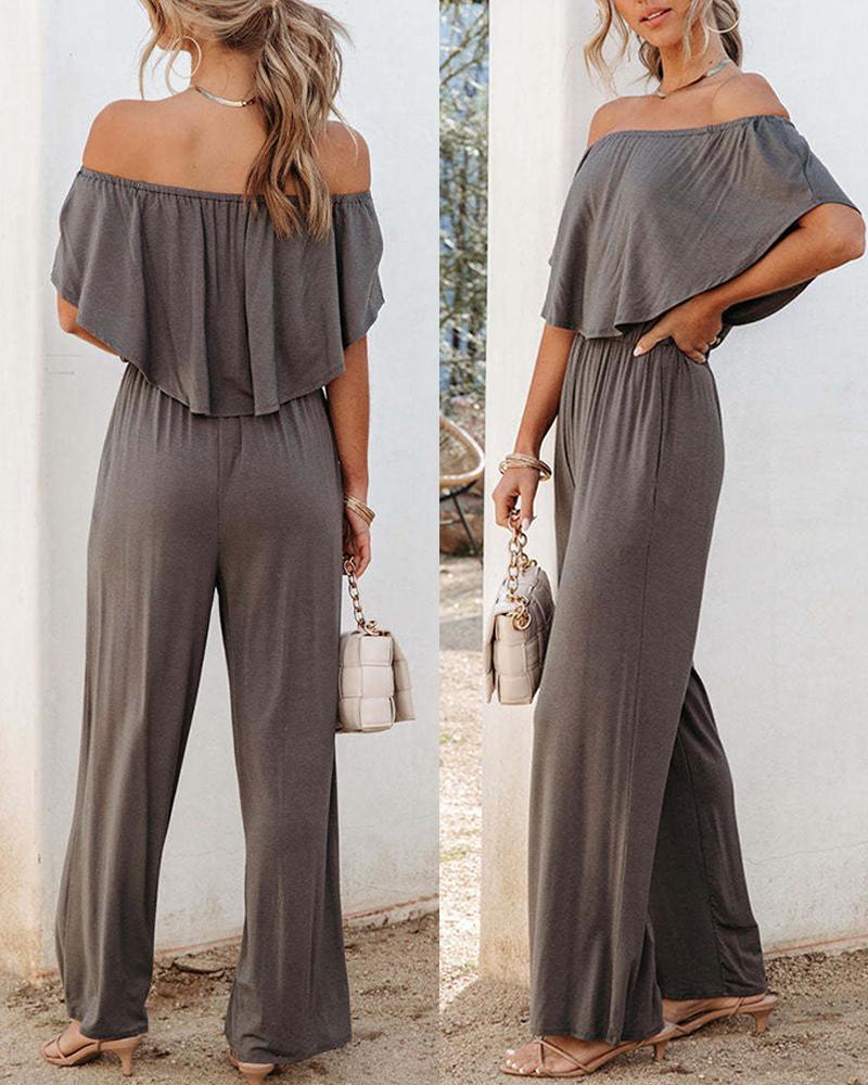 

Off Shoulder Ruffle Hem Jumpsuit, Gray