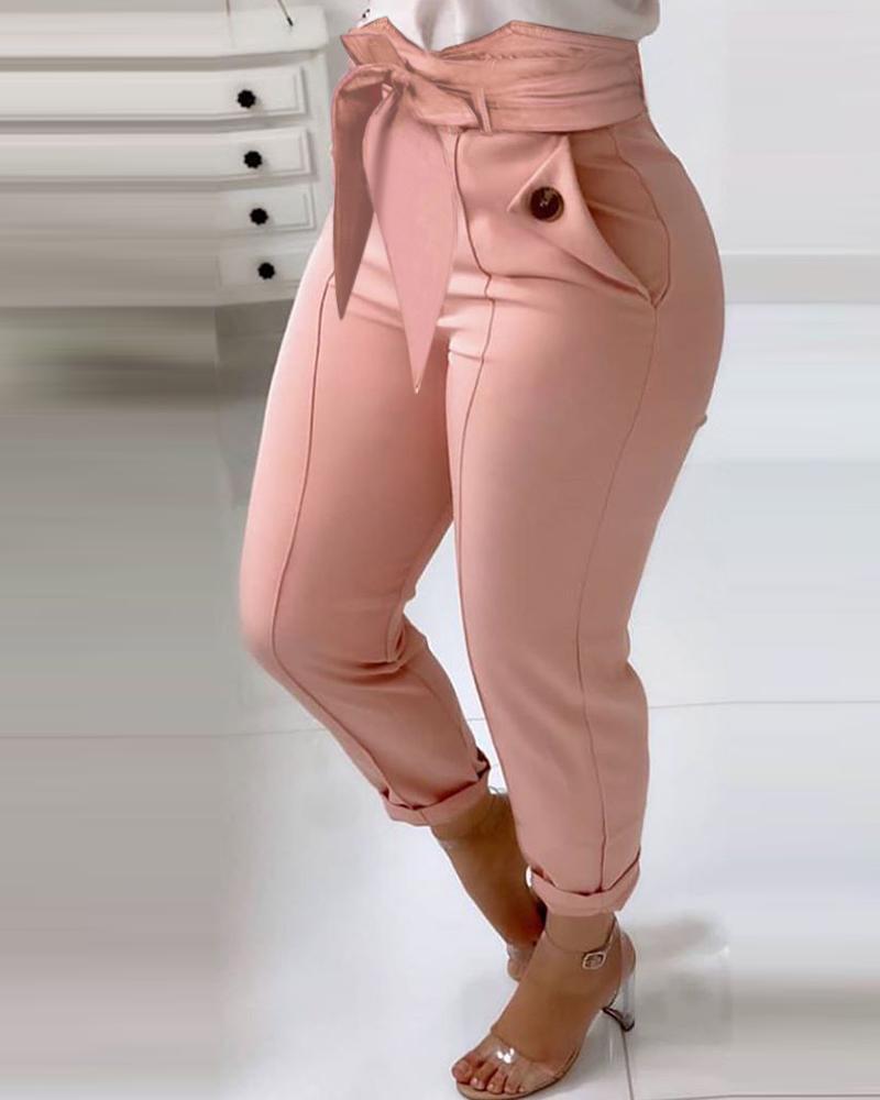 

Tied Waist Pocket Design Buttoned Casual Pants, Pink