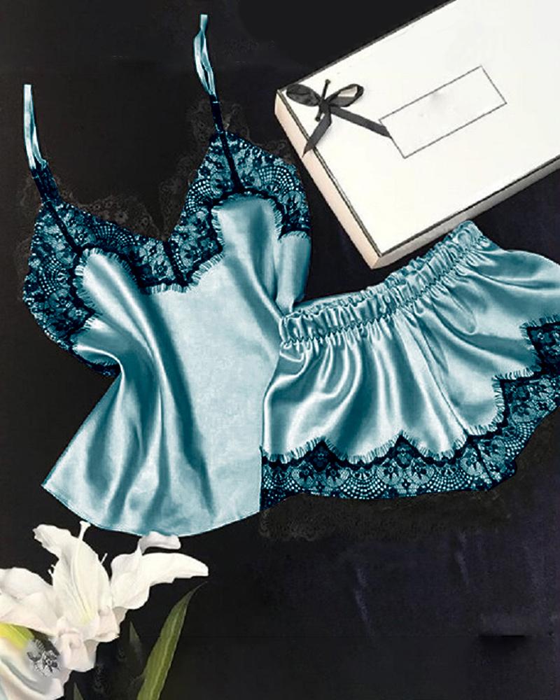 

Spaghetti Strap Lace Trim Satin Cami Set, Lighted blue