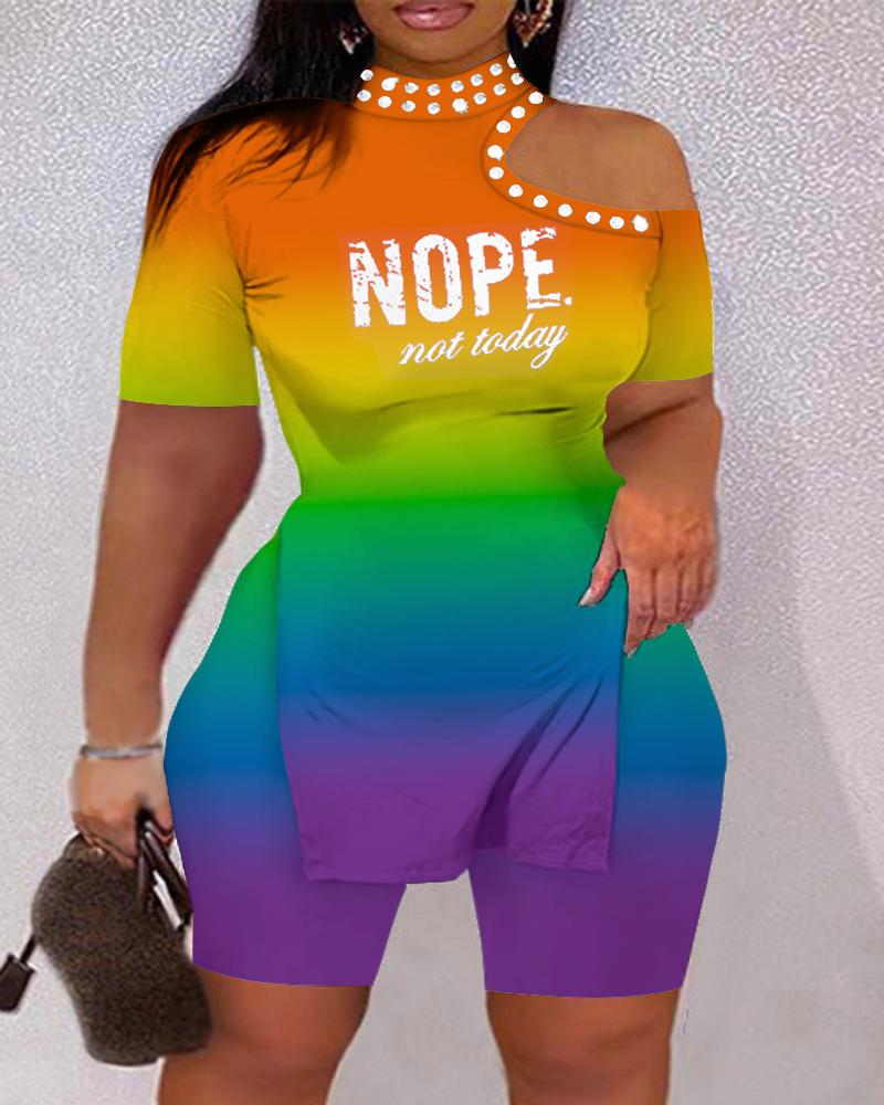 

Nope Not Today Print Ombre Cold Shoulder Top & Shorts Set, Multicolor