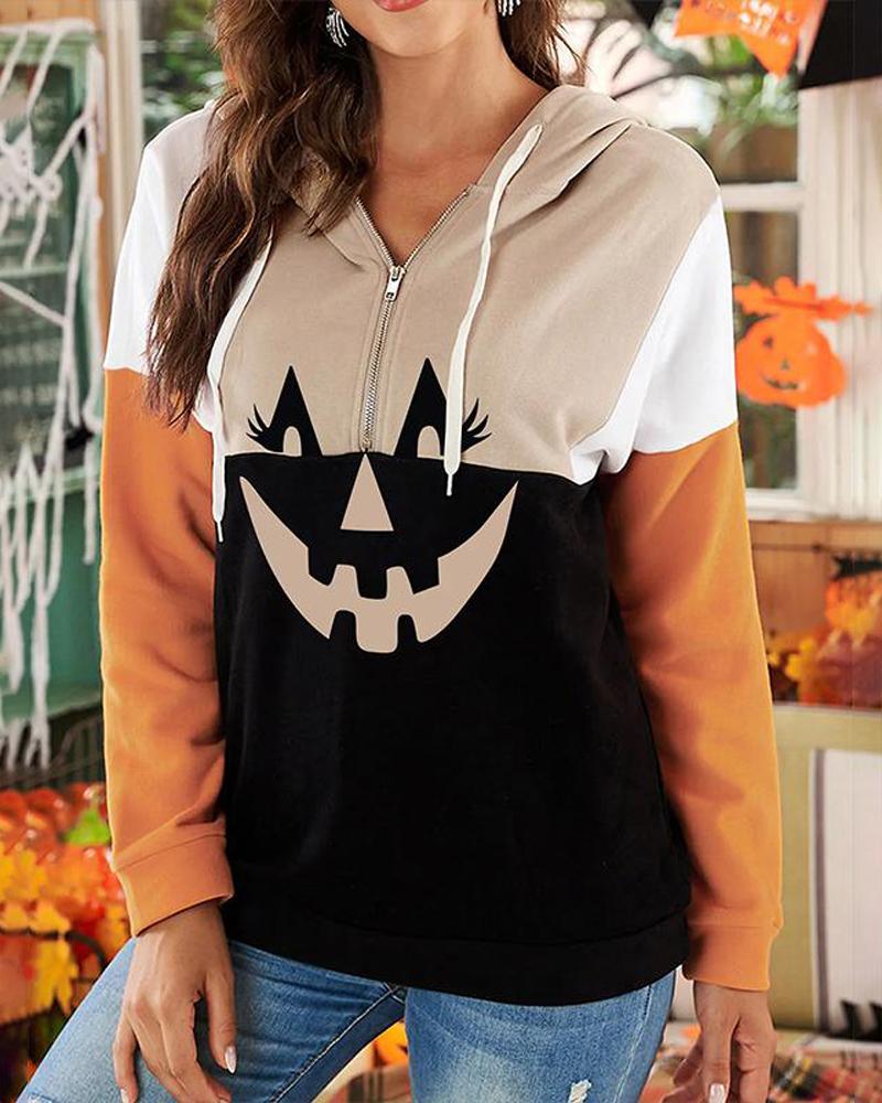 

Halloween Graphic Print Colorblock Hoodie, Multicolor