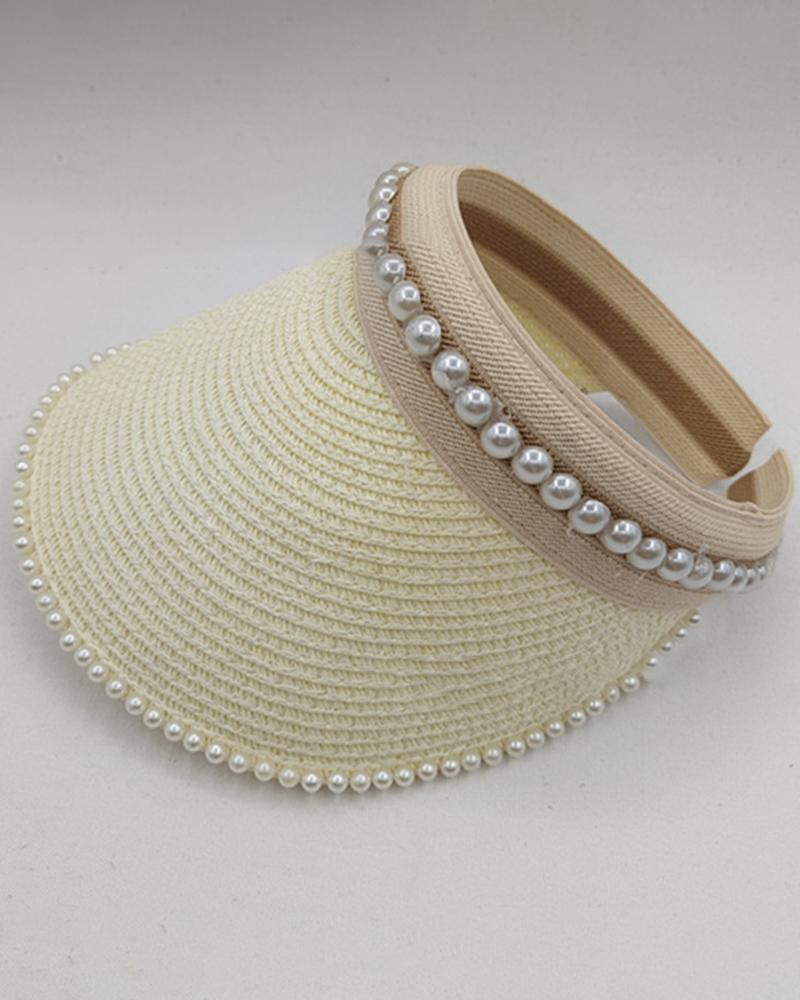 

Pearls Decor Sun Visor Beach Straw Cap, White