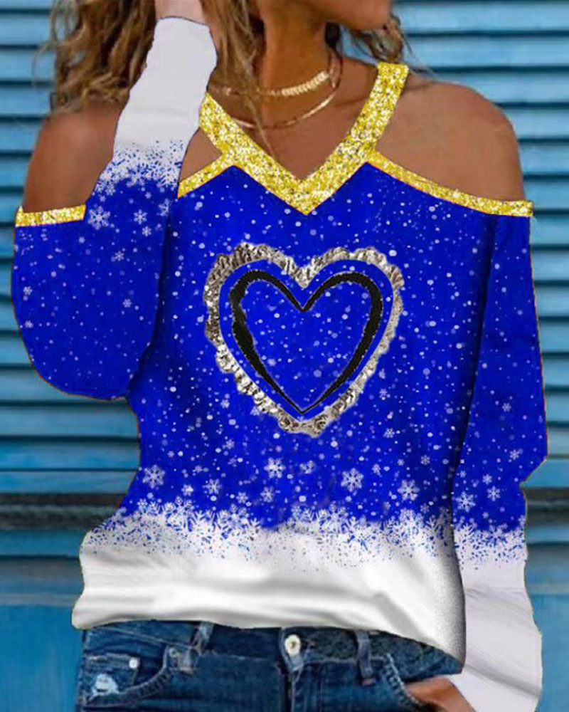 

Christmas Print Sequin Heart Cold Shoulder Top, Blue