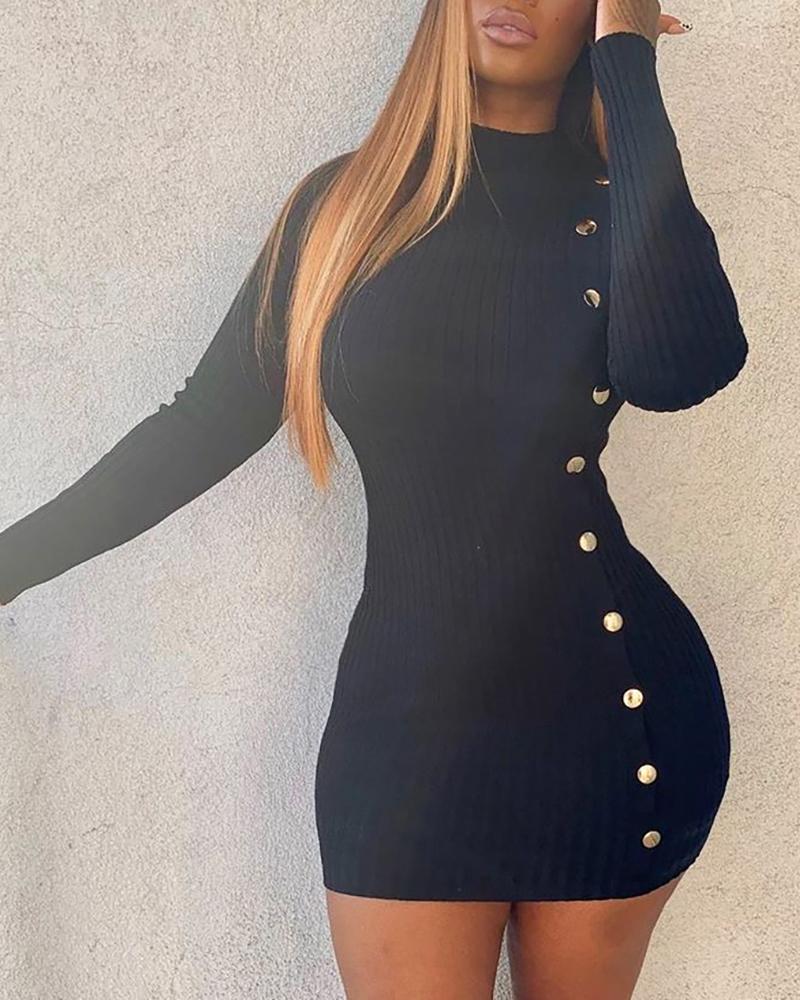 

Solid Mock Neck Ribbed Buttoned Bodycon Dress, Black