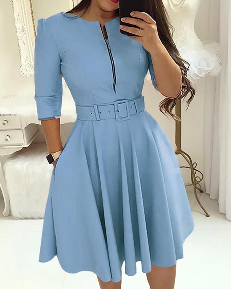 

Zipper Pocket Design Casual Dress, Lighted blue