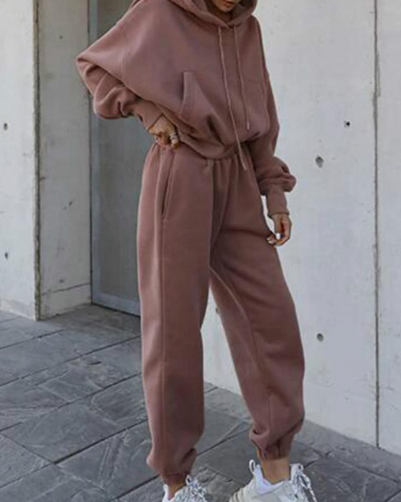 

Long Sleeve Pocket Design Hooded Top & Pants Set, Pink