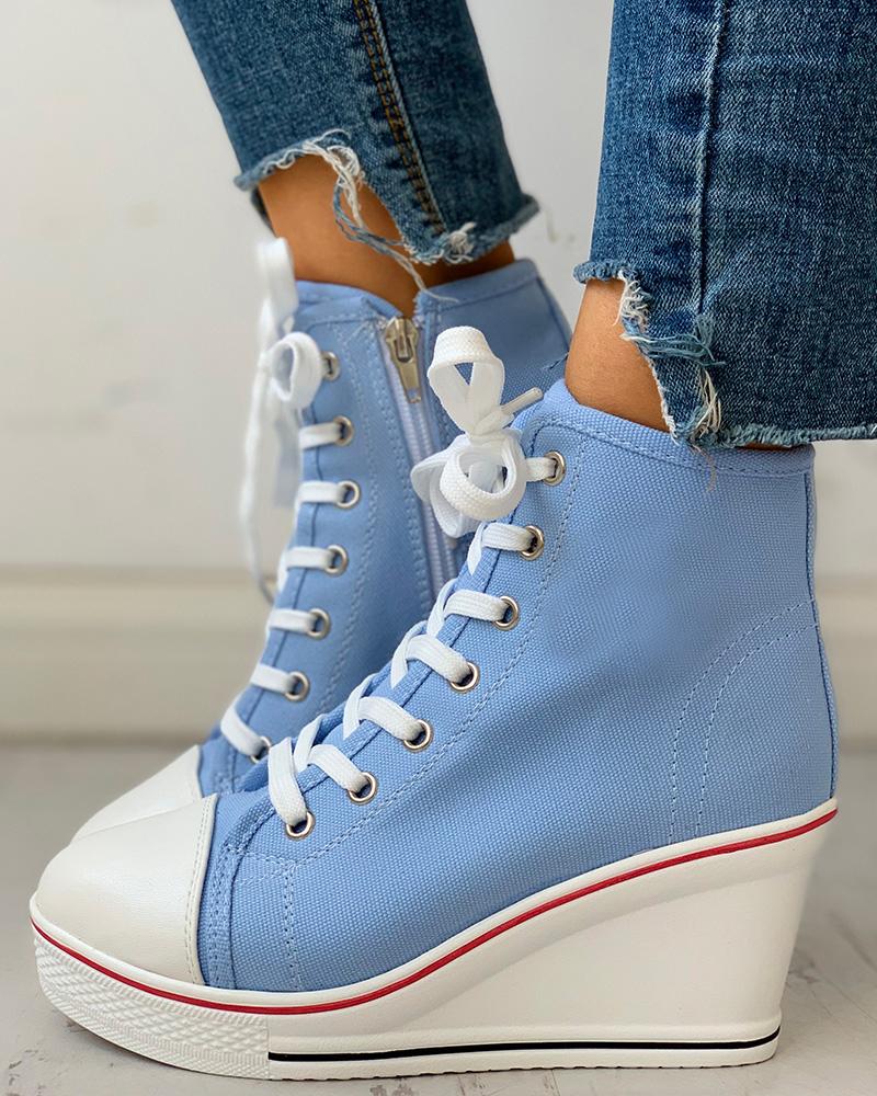 

Eyelet Lace-Up Platform Wedge Sneakers, Blue