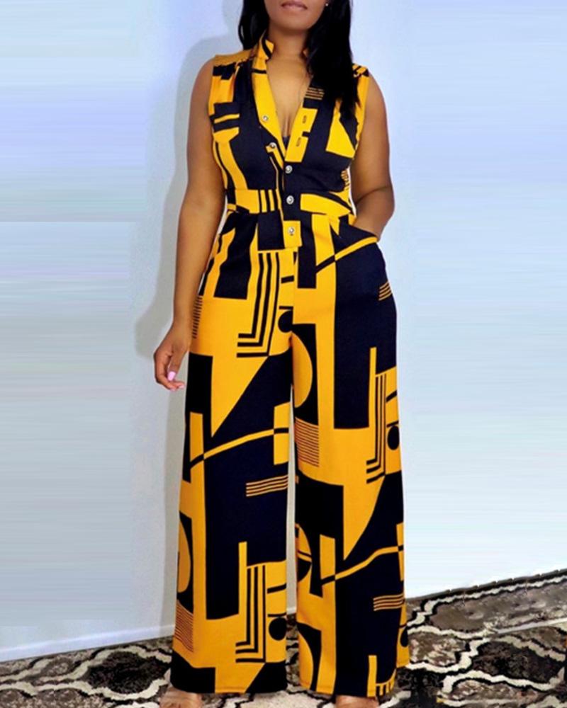 

Graphic Print Buttoned Wide Leg Jumpsuit, Yellow