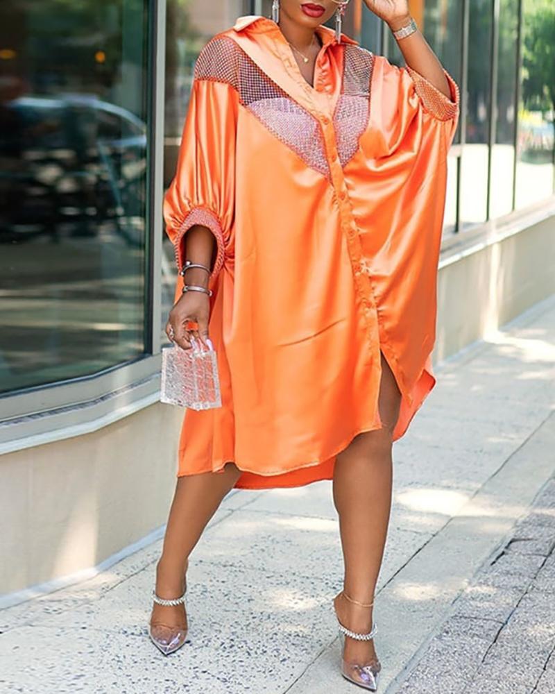 

Satin Fishnet Patch Button Design Shirt Dress, Orange