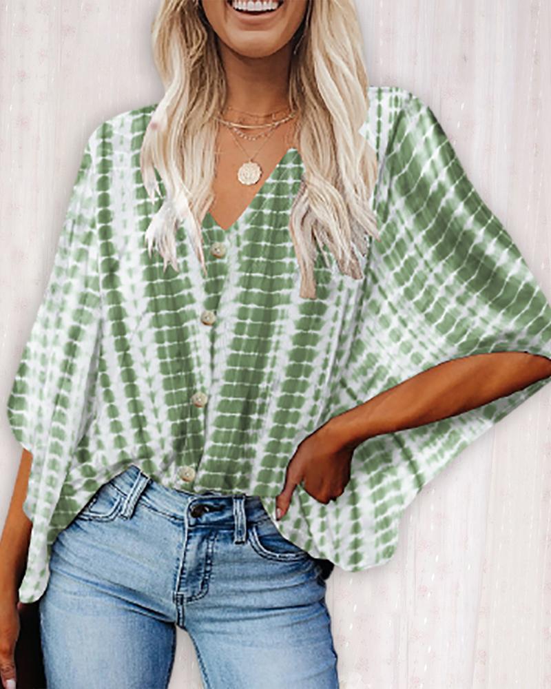 

Button Design Tie Dye Print Top, Green
