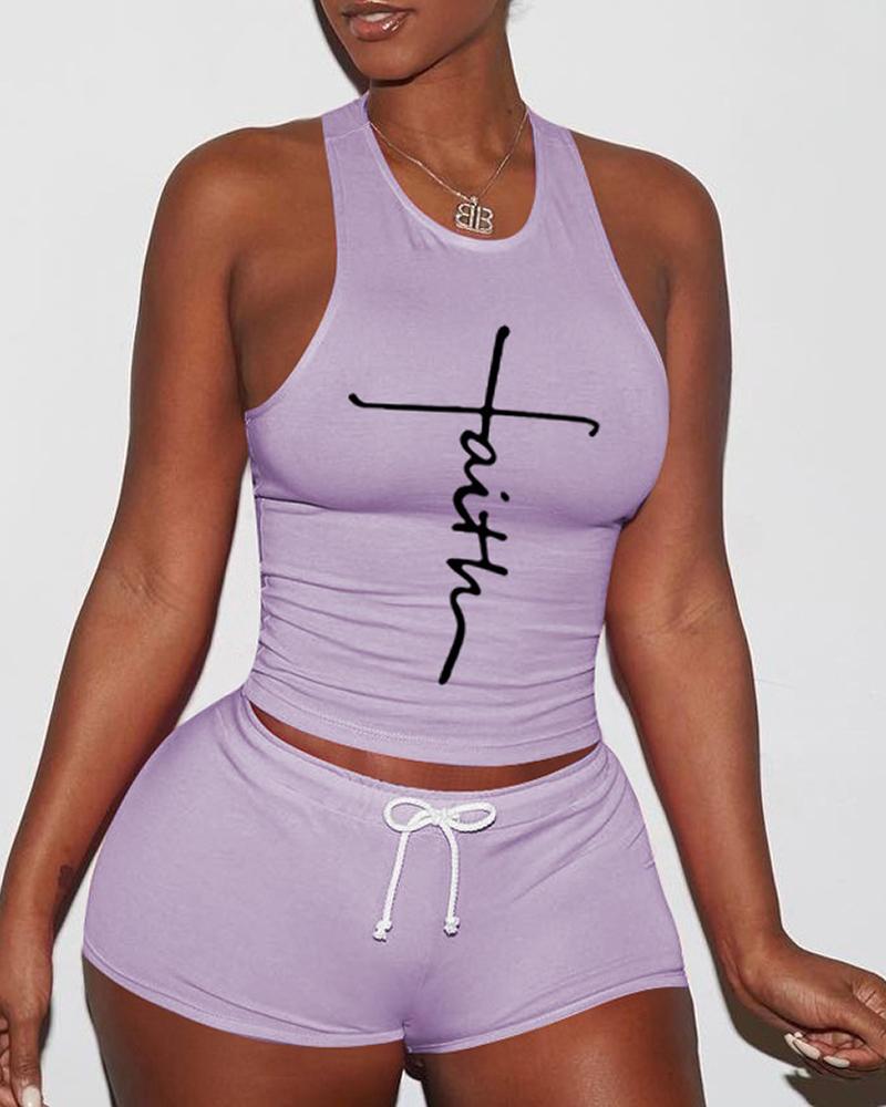 

Letter Print Tank Top & Drawstring Shorts Set, Purple