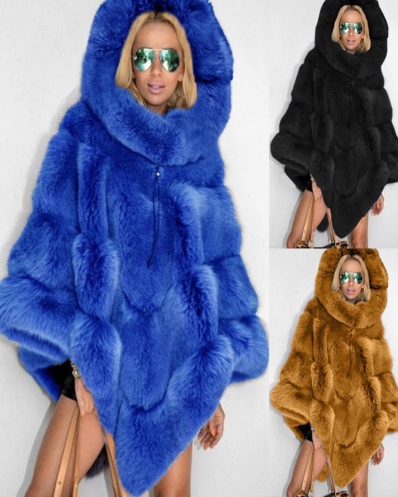 

Cape Design Hooded Faux Fur Coat, Blue