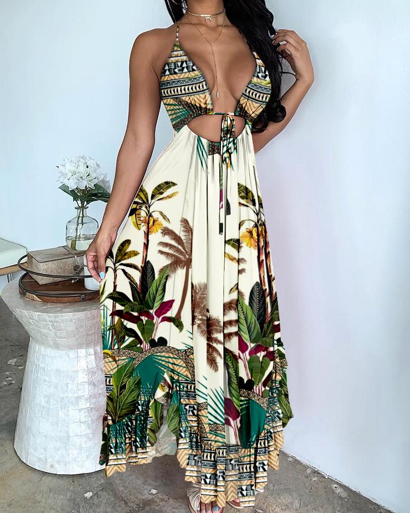 

Vacation Style Floral Print Open Front Long Dress, White