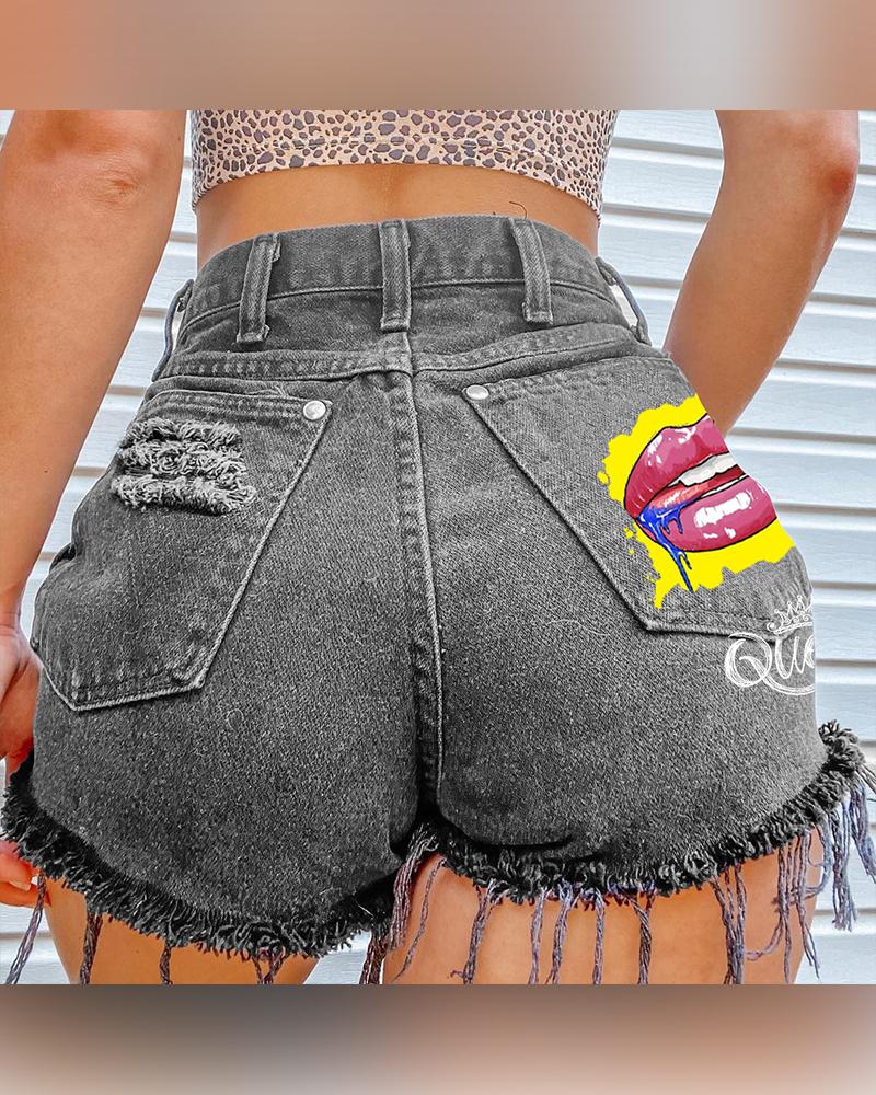 

Solid Color Splicing Lip Print Denim Ripped Short Pants, Gray