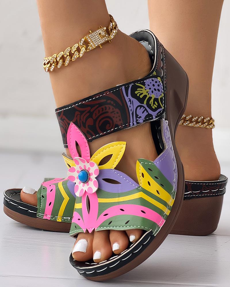 

Colorblock Tribal Floral Pattern Wedge Slippers, Pink