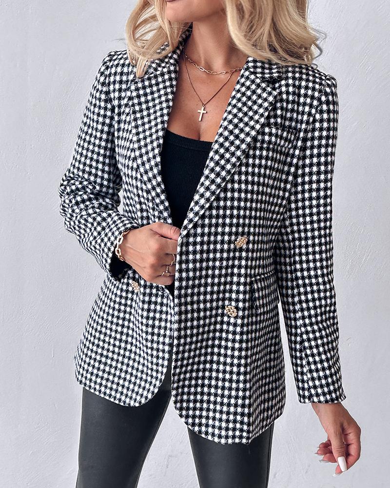 

Houndstooth Pattern Double Breasted Blazer With Belt, Blackwhite