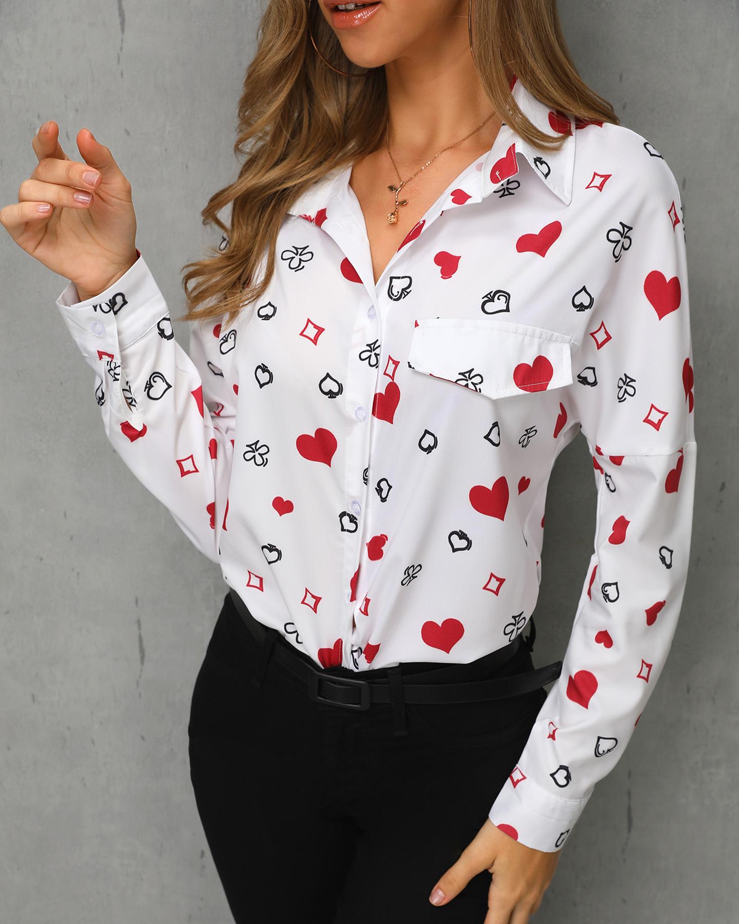 

Heart Print Long Sleeve Casual Shirt, White