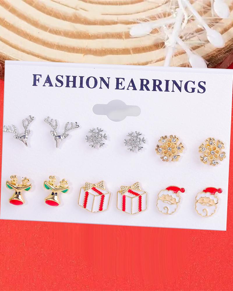 

6Pairs Christmas Santa Clause Reindeer Snowflake Gift Shaped Stud Earrings Set, Multicolor