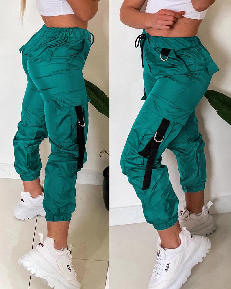 

Tape Patch Pocket Design Cuffed Pants, Green