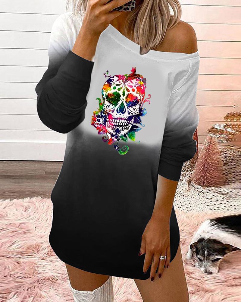 

Skull Print Colorblock Long Sleeve Top, Black