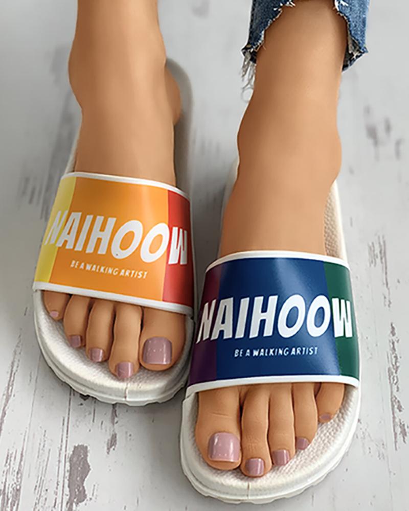 

Colorful Rainbow Letter Pattern Slider Sandals, White