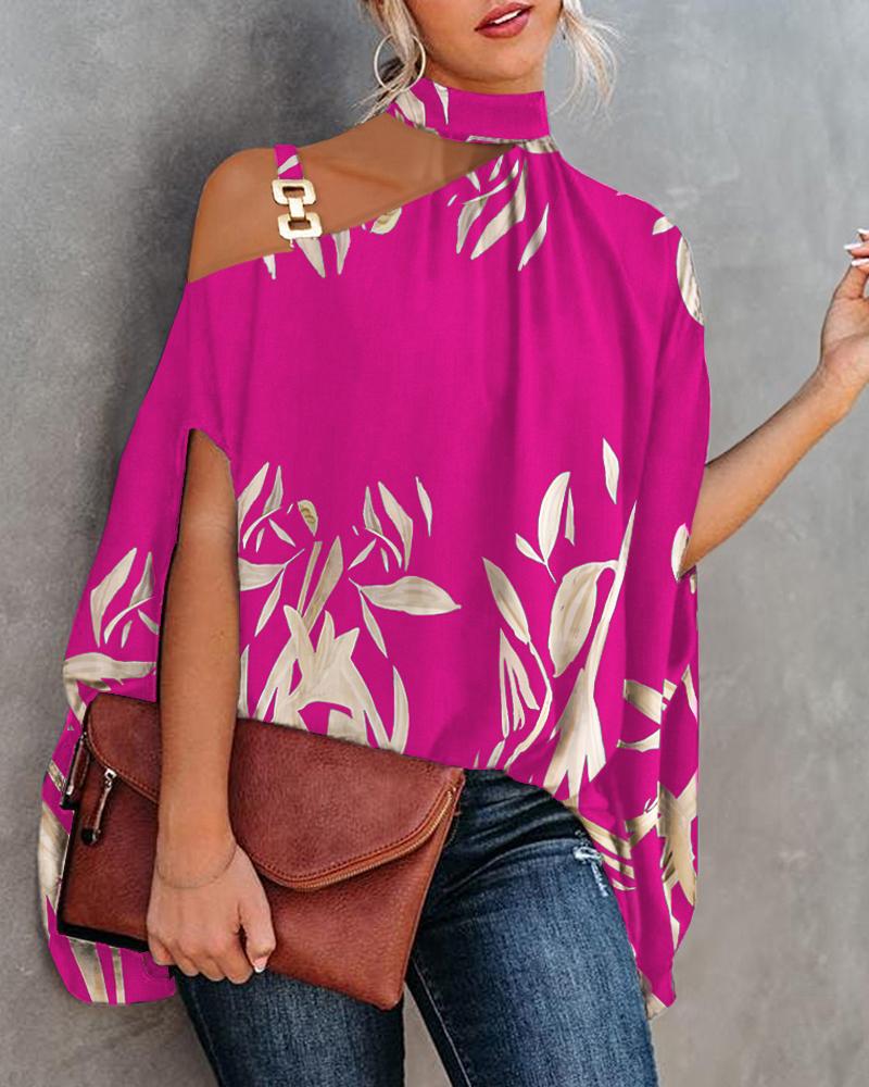 

Plants Print Chain Strap Cold Shoulder Top, Hot pink