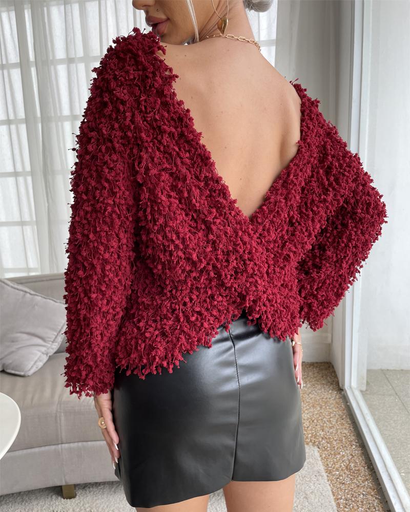 

Fluffy Twisted Back Long Sleeve Knit Sweater, Red