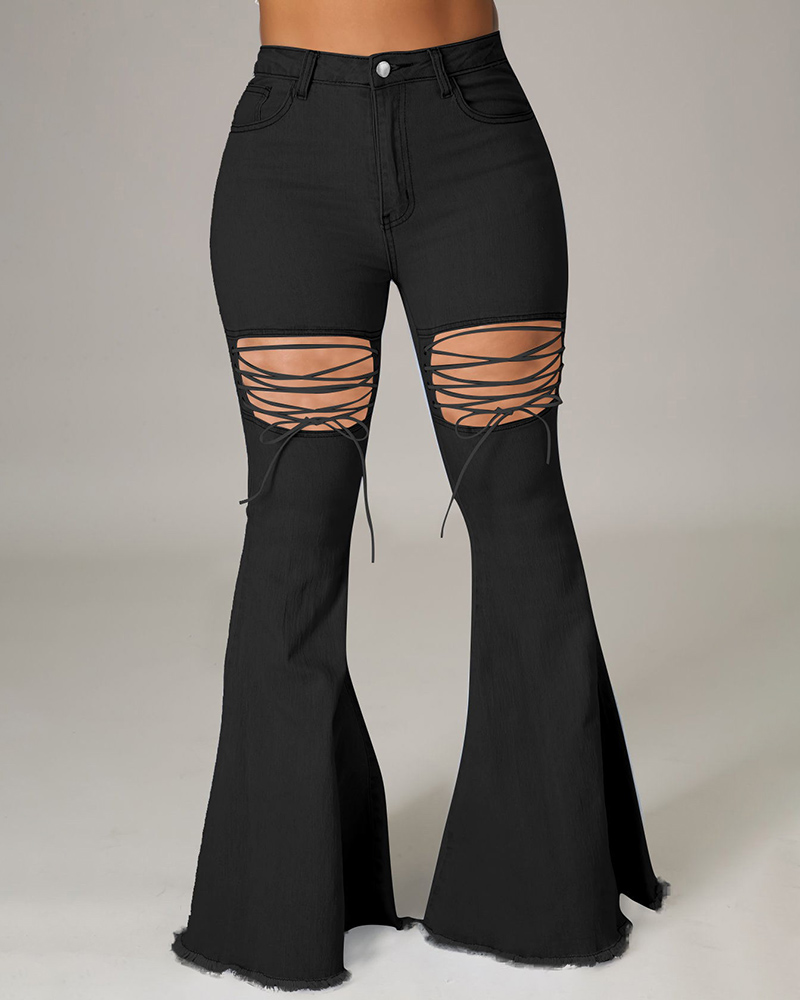 

Fringe Hem Cutout Lace-up Bootcut Jeans, Black