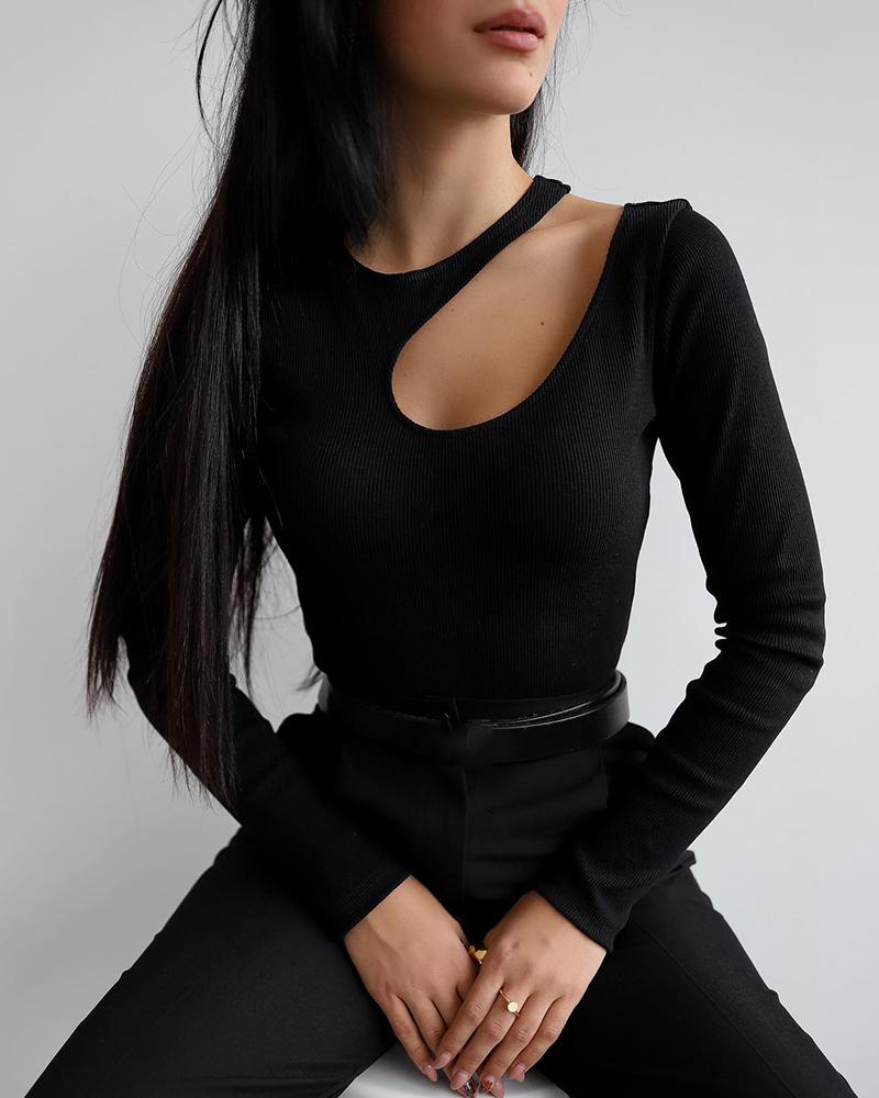 

Cutout Front Long Sleeve Skinny Top, Black